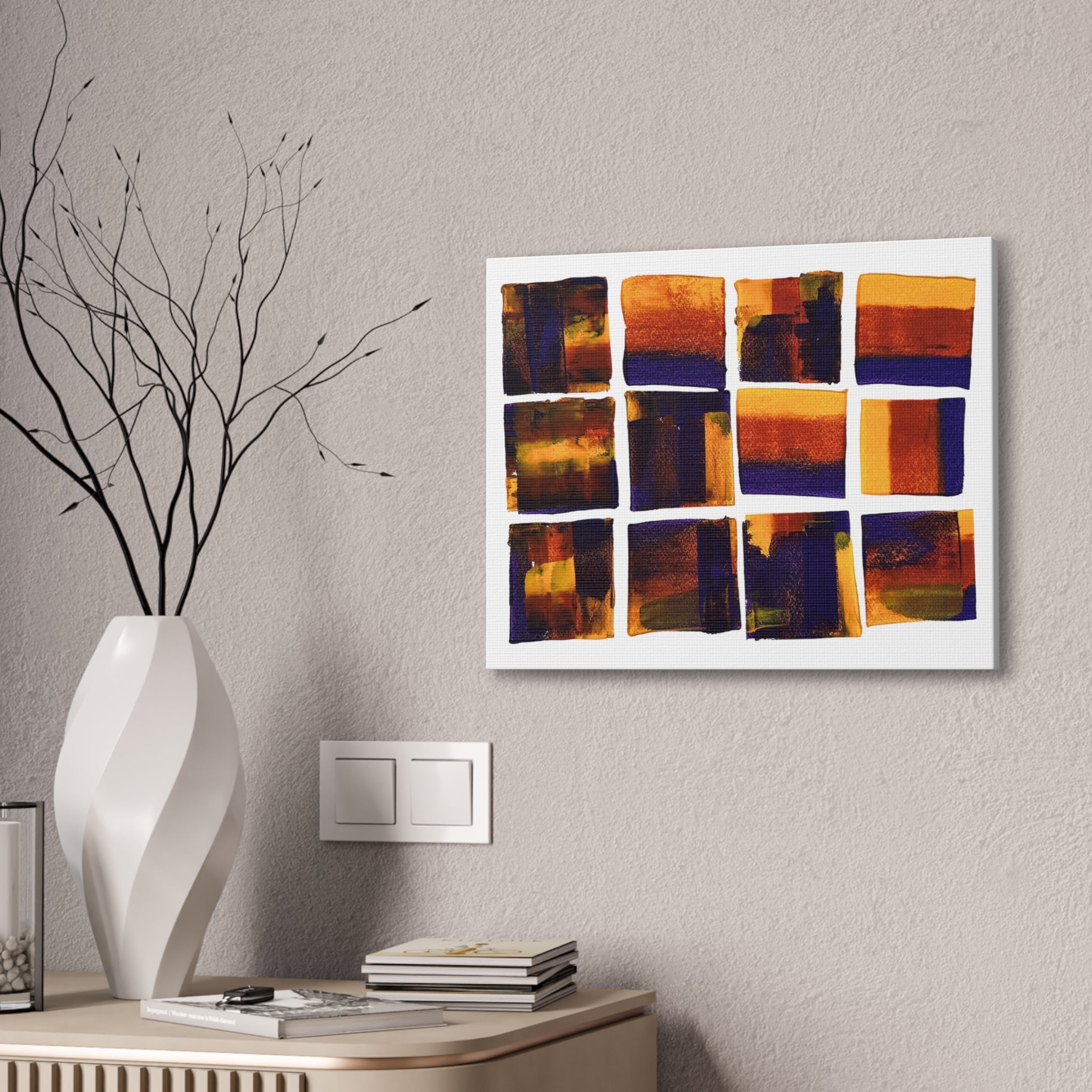 Abstract Grid Canvas Wall Art — Orange & Navy Geometric Squares
