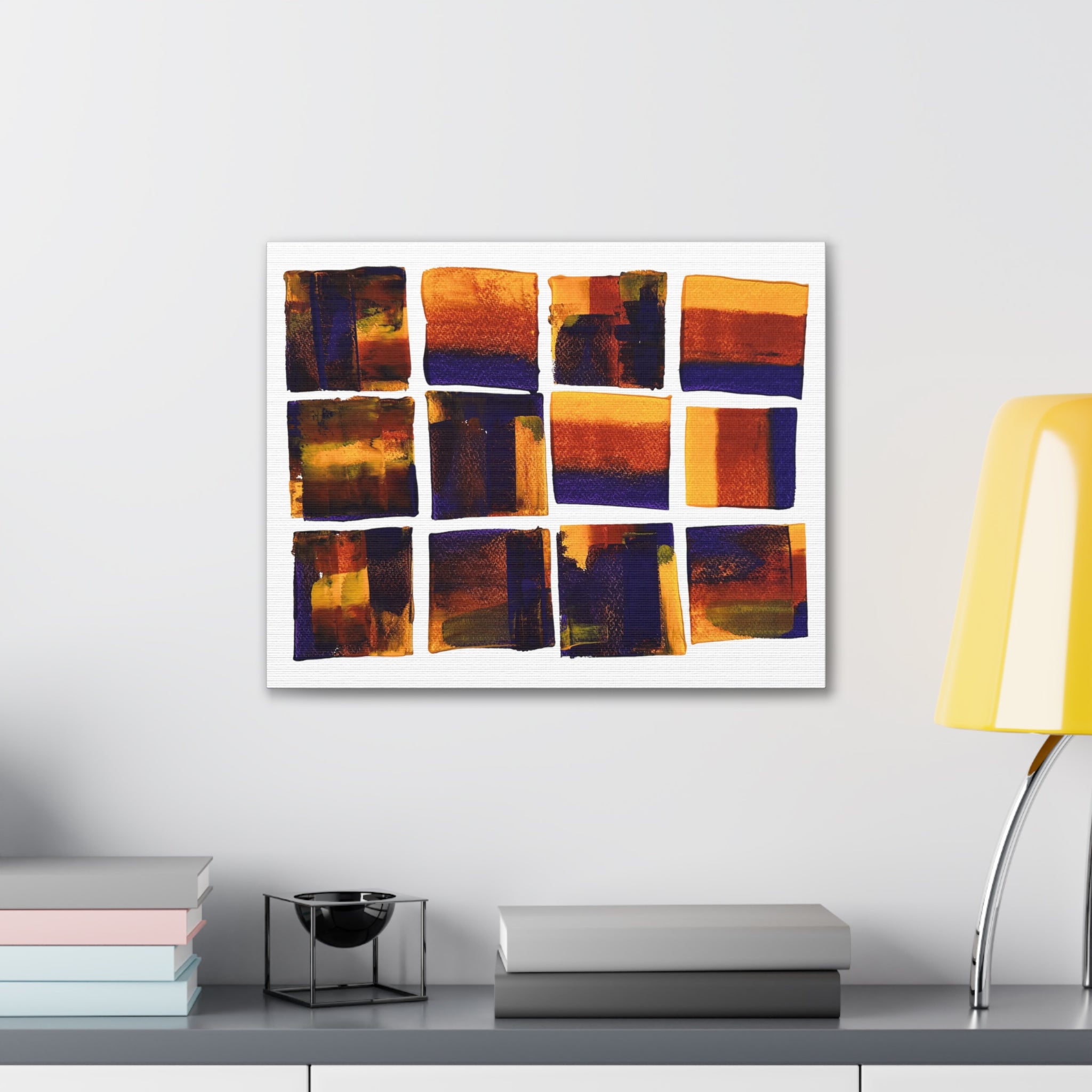Abstract Grid Canvas Wall Art — Orange & Navy Geometric Squares
