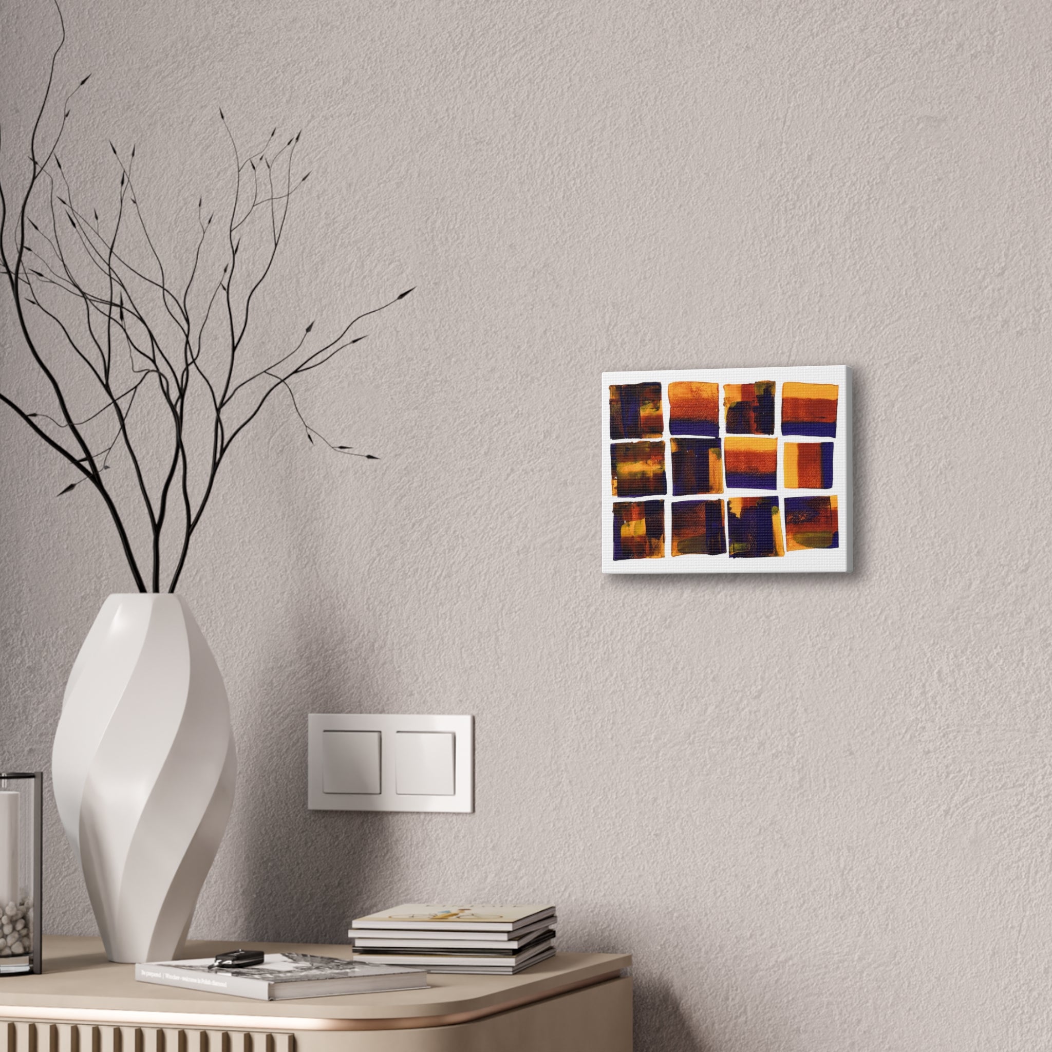 Abstract Grid Canvas Wall Art — Orange & Navy Geometric Squares