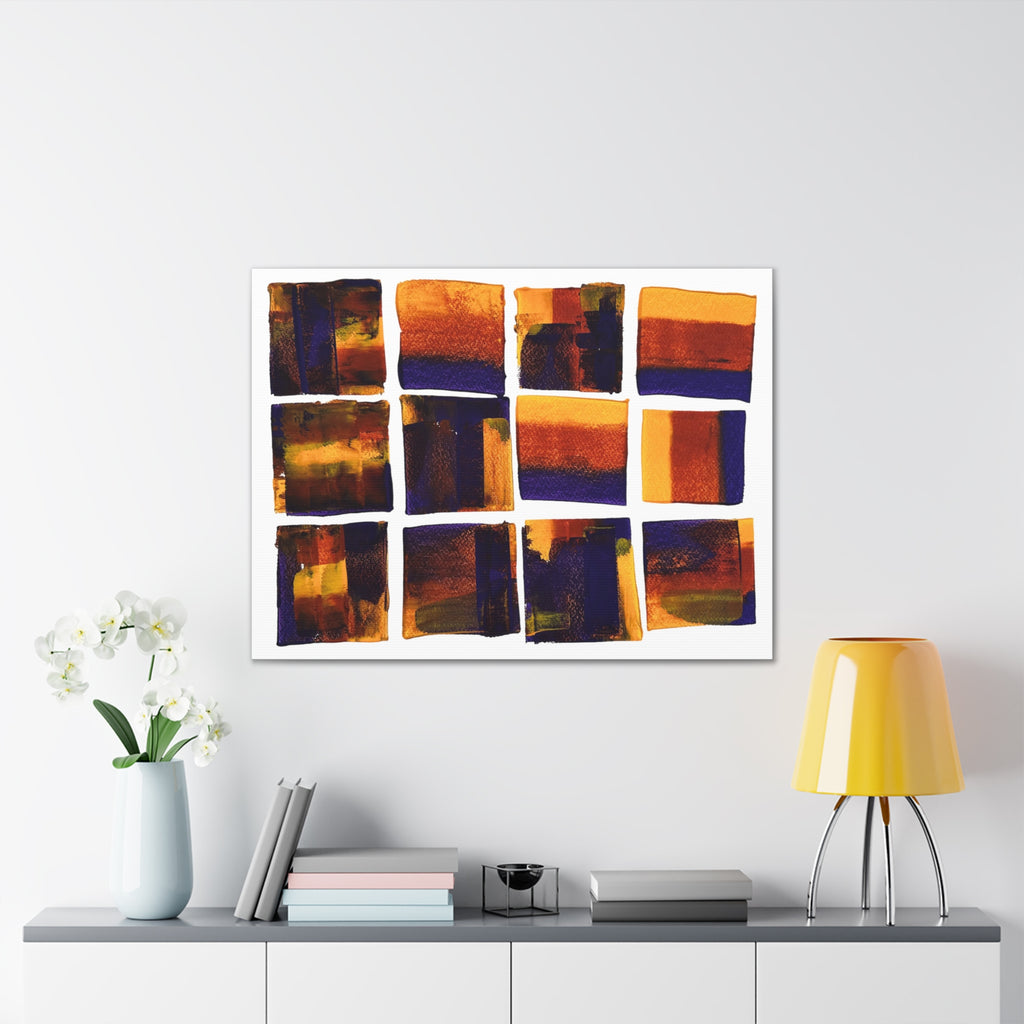 Abstract Grid Canvas Wall Art — Orange & Navy Geometric Squares