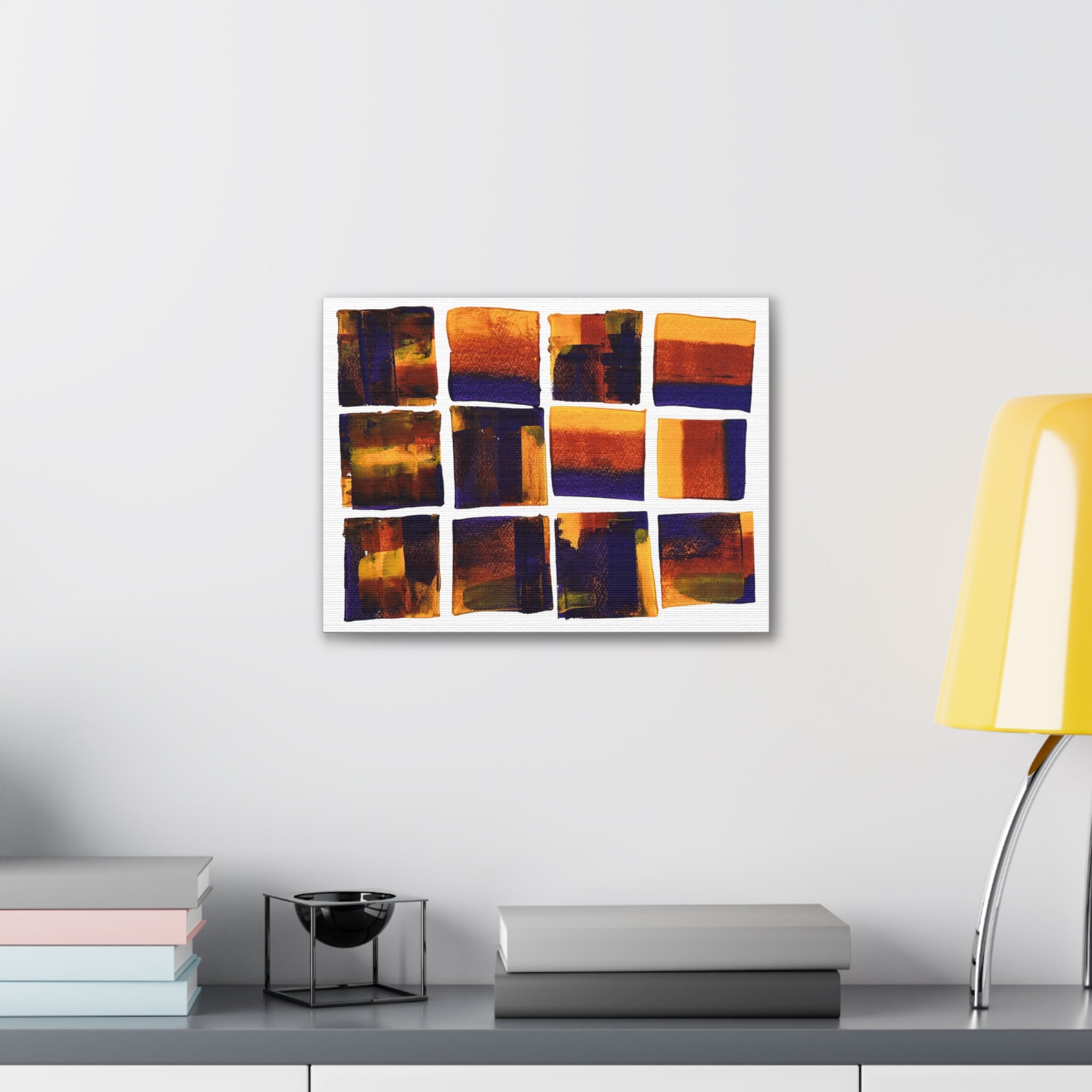 Abstract Grid Canvas Wall Art — Orange & Navy Geometric Squares